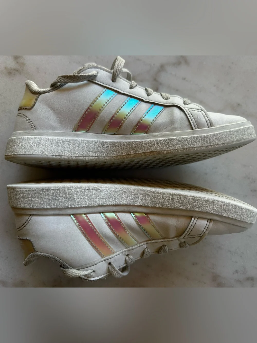 adidas Grand Court 3.0 | adidas Kids White Sneakers with Iridescent Pink Stripes